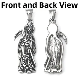 Vintage roestvrijstalen Santa Muerte hanger met details van de voor- en achterkant van item