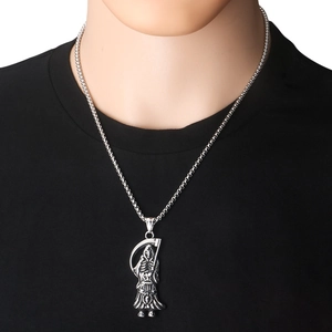 Detailed close-up of gothic grim reaper pendant with scythe on stainless steel pearl chain