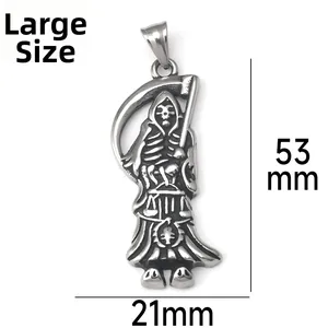 Detailed view of large vintage stainless steel Grim Reaper pendant with 53mm by 21mm dimensions