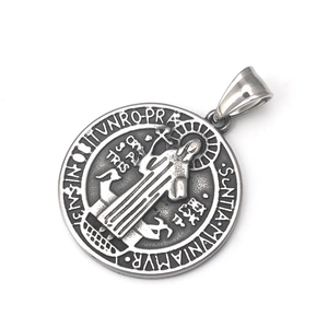 Colgante medalla de San Benito de acero inoxidable vintage con iconografía religiosa