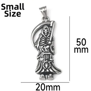Detail of small stainless steel reaper pendant with dimensions 50mm by 20mm