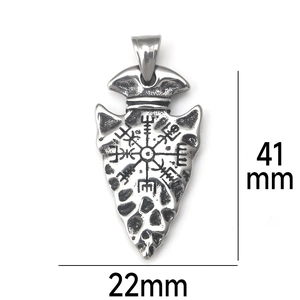 Detailed macro view of retro stainless steel Viking spearhead pendant with 41mm height