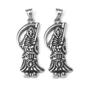 Vintage Stainless Steel Grim Reaper Scythe Pendant Necklace Gothic Punk Skull Skeleton Charm Jewelry Gift For Men Women Retro Silver Metal Necklace
