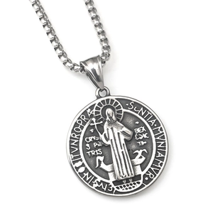 Collar medalla de San Benito de acero inoxidable vintage con relieves religiosos