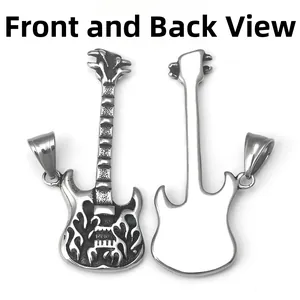Retro roestvrijstalen vlam gitaar hanger ketting met voor- en achterkant details