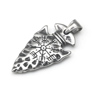 Retro stainless steel Viking spearhead pendant with Vegvísir compass and stone texture