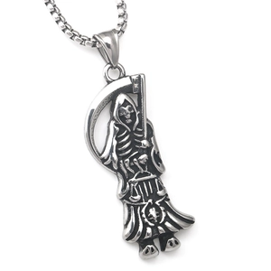 Gothic Grim Reaper scythe pendant in stainless steel with a round box chain necklace