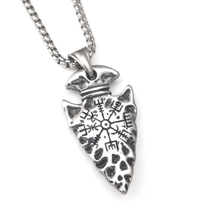 Vintage stainless steel Viking spearhead pendant necklace with Vegvisir compass detail