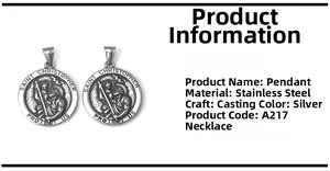 Macro shot of silver stainless steel Saint Christopher round religious pendant with engraving