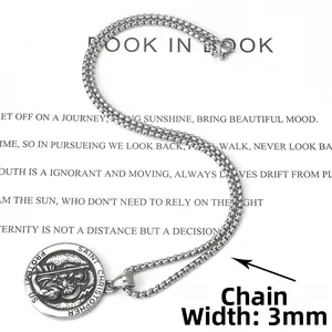 Detail of 3mm wide stainless steel box chain with Saint Christopher medallion