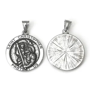 Saint Christopher stainless steel round pendant necklace with engraved religious relief