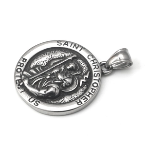 Vintage St. Christopher circular stainless steel pendant with relief and engraved text