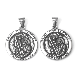 Vintage Saint Christopher round pendant necklace in stainless steel with religious relief