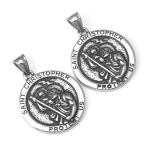 Vintage stainless steel Saint Christopher round pendant necklace with embossed details