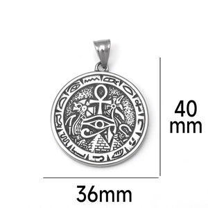 Detailed view of 36mm stainless steel Egyptian pyramid pendant with Ankh and Horus eye