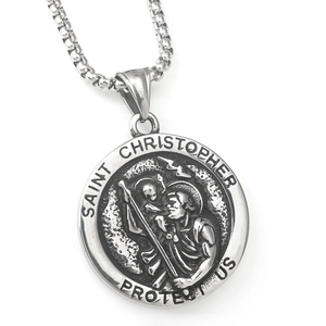 Saint Christopher Protect Us Pendant Necklace Stainless Steel Retro Punk Hip Hop Religious Round Medal Men Women Jewelry