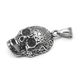 Vintage Edelstahl Totenkopf Anhänger mit kunstvollen floralen Gravuren für Punk-Stil