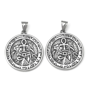 Ancient Egyptian pendant necklace with Eye of Horus, Ankh, and Pyramid relief in silver
