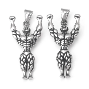 Pendente bodybuilding in acciaio inossidabile con forma di uomo muscoloso e finitura argento