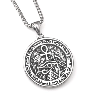 Vintage Stainless Steel Ancient Egyptian Pyramid Round Pendant Necklace Eye Of Horus Ankh Cross Hip Hop Rock Jewelry