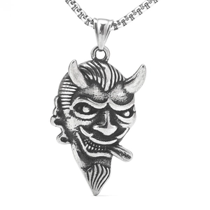 Collier Pendentif Démon en Acier Inoxydable Rétro pour Hommes Punk Gothique Hannya Masque Biker Vintage Bijoux en Argent Vieilli