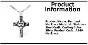 Macro detail of silver stainless steel Celtic cross pendant with pearl box chain links
