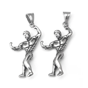 Vintage-Anhänger aus Edelstahl mit Bodybuilder-Silhouette und antikem Silber-Finish