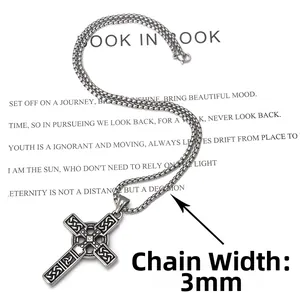Detail showing 3mm wide stainless steel box chain with a Celtic cross pendant necklace