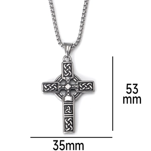 Macro view of Celtic Cross pendant dimensions 53mm by 35mm in vintage silver finish