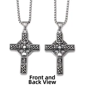 Front and back view of a stainless steel Celtic Cross pendant necklace with square pearl chain