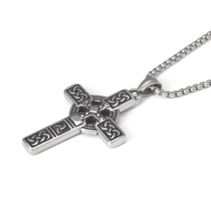 Vintage stainless steel Celtic cross pendant necklace with engraved knot design on box chain