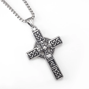 Hip-hop vintage Celtic cross pendant necklace in stainless steel on white background