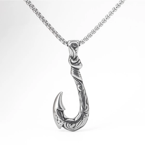 Vintage Edelstahl Angelhaken Anhänger Halskette Für Herren Punk Rock Tribal Graviert Maui Haken Schmuck Charm Accessoire Geschenk