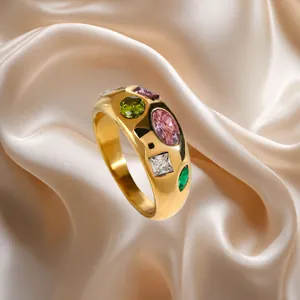 18K Gold Plated Stainless Steel Ring For Women Vintage Colorful Zirconia Wide Band Waterproof Hypoallergenic Chunky Statement Finger Ring Jewelry