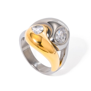 Modern two-tone stainless steel ring with dual zircon stones and wrap-around design