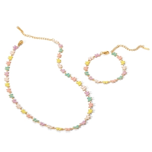 Schmuckset aus 18k Gold Edelstahl mit bunten Emaille Schmetterling Halskette und Armband
