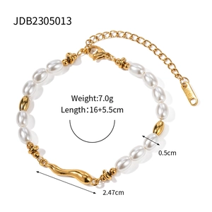 Elegant gold titanium steel pearl bracelet with irregular bar and adjustable lobster clasp