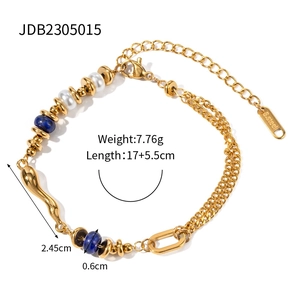 Gold plated stainless steel double chain bracelet with white pearls and blue beads