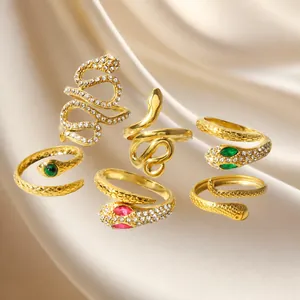 Vintage 6-piece gold snake ring set with crystal zircon stones and emerald eyes
