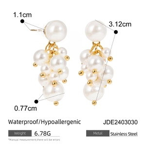 Waterproof stainless steel cluster pearl drop earrings with detailed size measurements