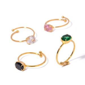 Adjustable 18k gold plated stainless steel rings with colorful oval zircon stones