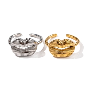 Lip shaped 18K gold and silver stainless steel open rings with textured metal finish