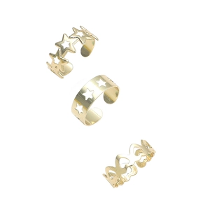 Three-piece gold adjustable toe rings with hollow star and heart geometric designs