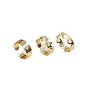 Three-piece gold geometric toe ring set featuring hollow stars and heart-shaped designs