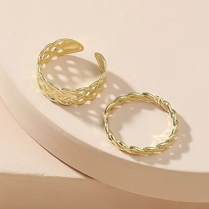 Two-piece gold adjustable open toe rings featuring braided mesh and twisted rope designs