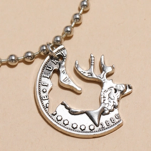 Collar retro con colgante de moneda de plata, motivo de ciervo y cadena de bolitas