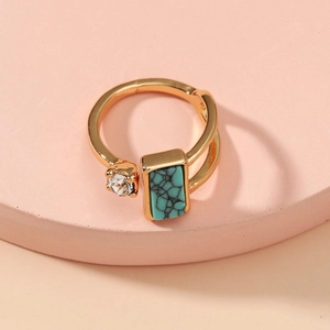 Bohemian gold-tone open toe ring with rectangular turquoise and round clear crystal