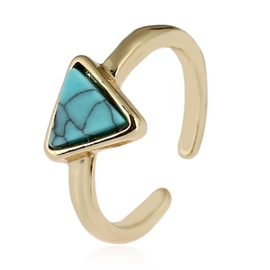 Adjustable bohemian gold open ring with triangular turquoise stone on white background