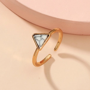 Adjustable gold open toe ring featuring a triangular white turquoise stone inlay