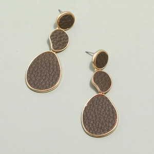 Detail of three-tier long drop earrings with brown leather inlays and gold metal frames